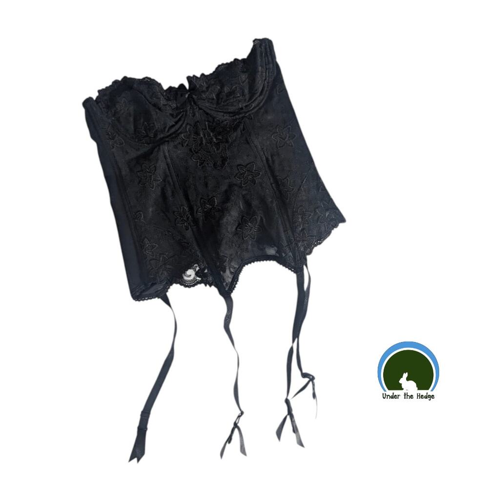 Vintage Rigby & Peller London Black Mesh Lace Underwire Bustier 34B Garters
